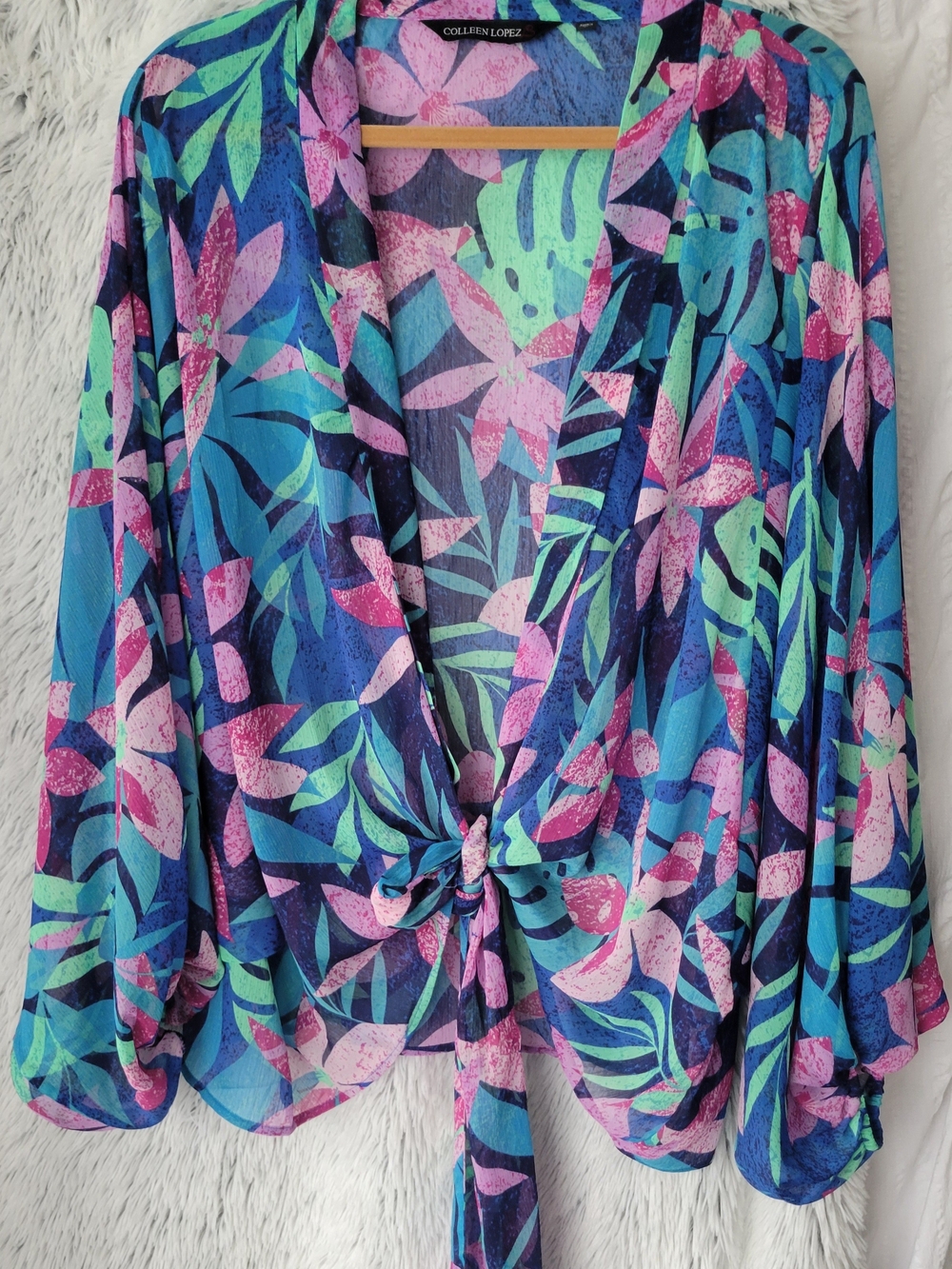 Colleen Lopez Tropical Tie-Front Kimono - Blue, Pink & Green